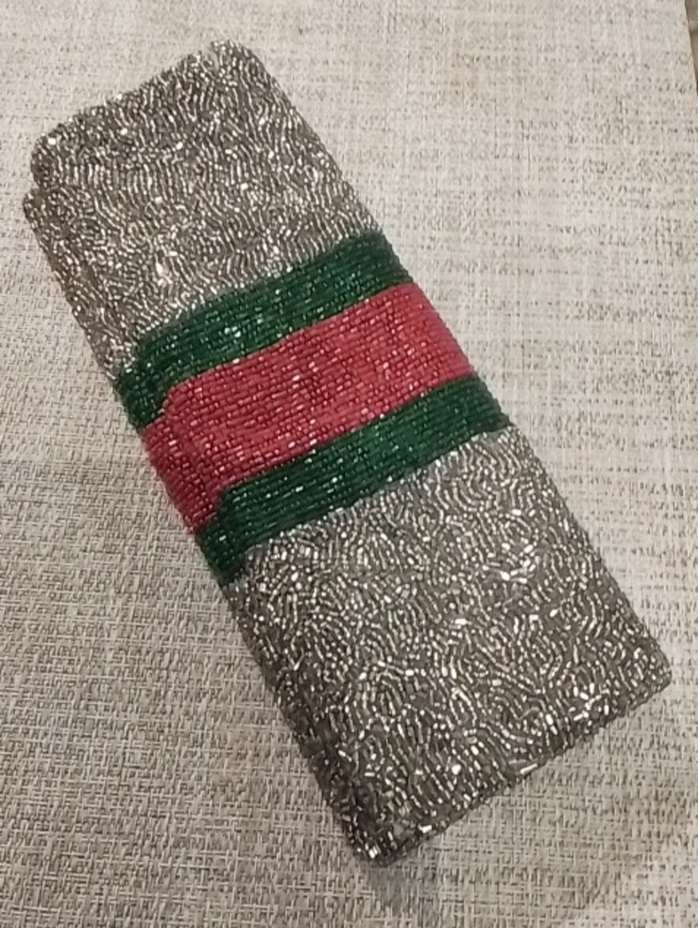 Tiana Hand Beaded Metallic Silver Clutch Bag Green Red Silver - Picture 3 of 12